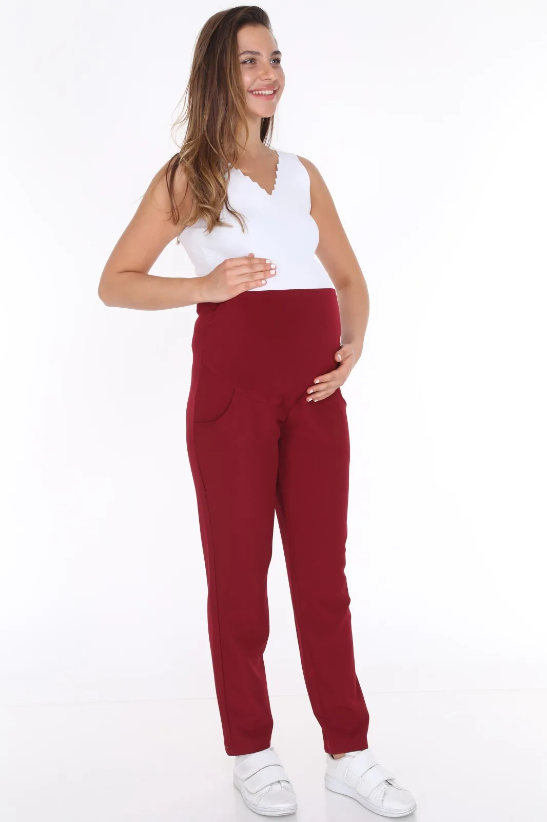 

Pregnant women pants spring 2020 new wear pregnant women leggings thin section trousers tide mother loaded Dark red color pregna