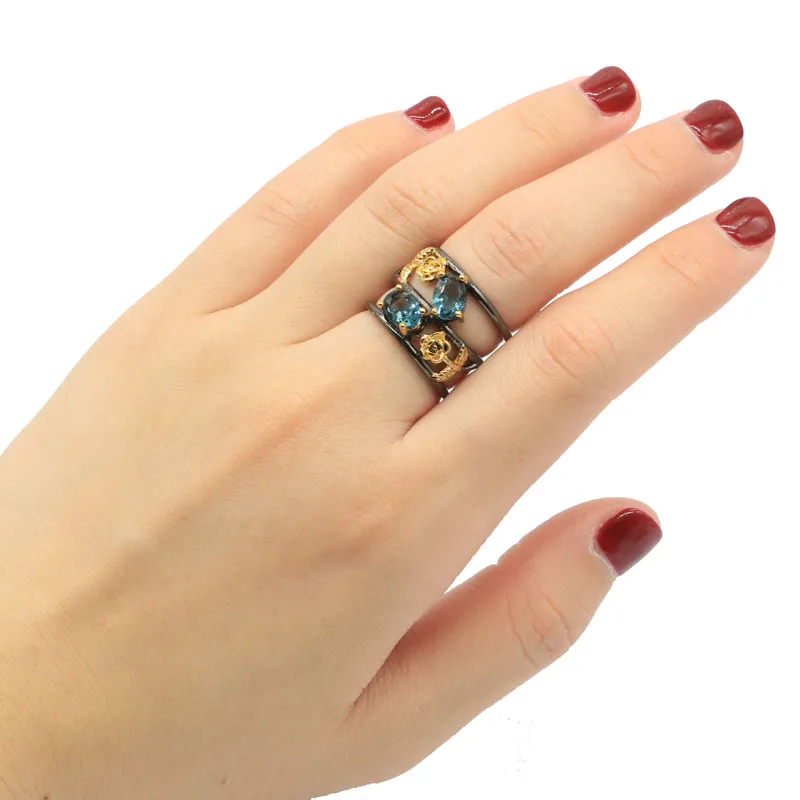 Женский красный рубин с голубым топазом 15 х10 мм|ring blue|925 silver ringsilver ring |