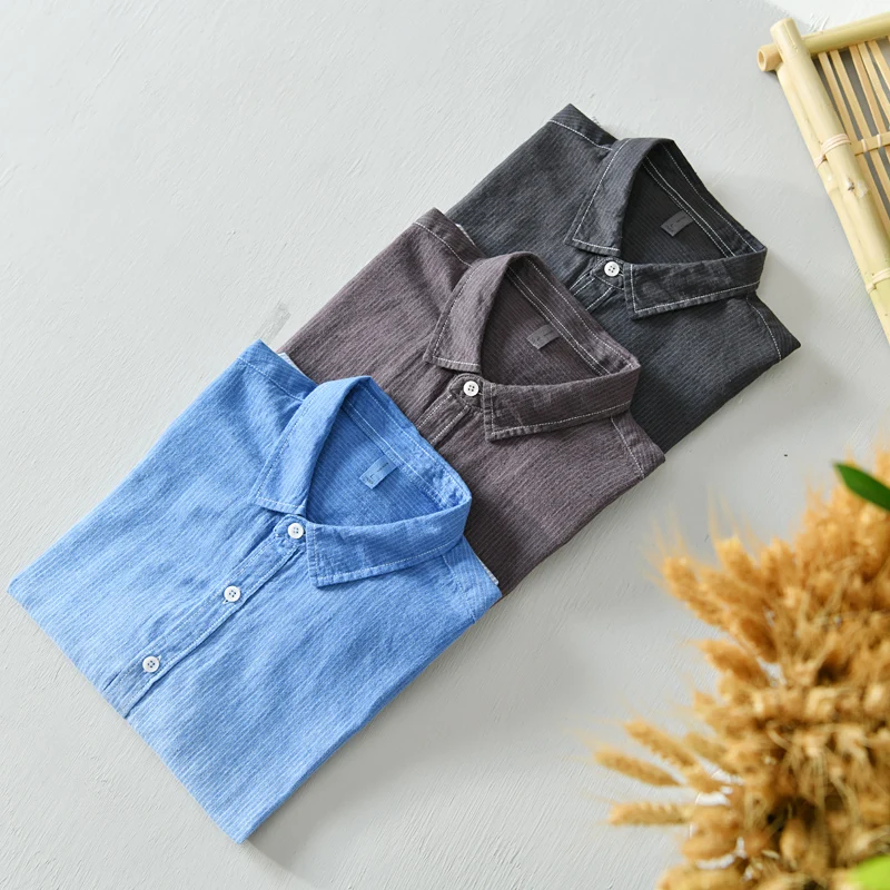 Мужская Повседневная рубашка из льна и хлопка летняя дышащая в полоску с