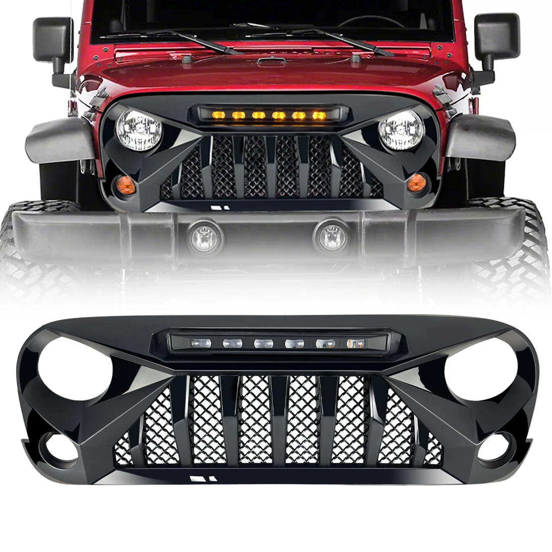 Передняя решетка для 07-18 Jeep Wrangler JK со светодиодсветодиодный фонарями янтарного