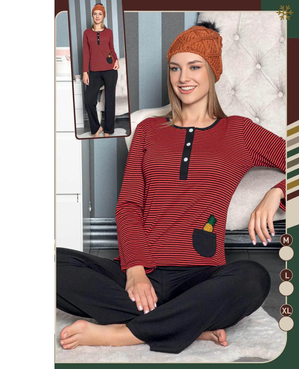 

Women's Pajamas Set Cotton Lycra Patterned Button Down Night Wear for Comfortable Warm Sleep at Home Soft 2 Piece Sizes M L XL