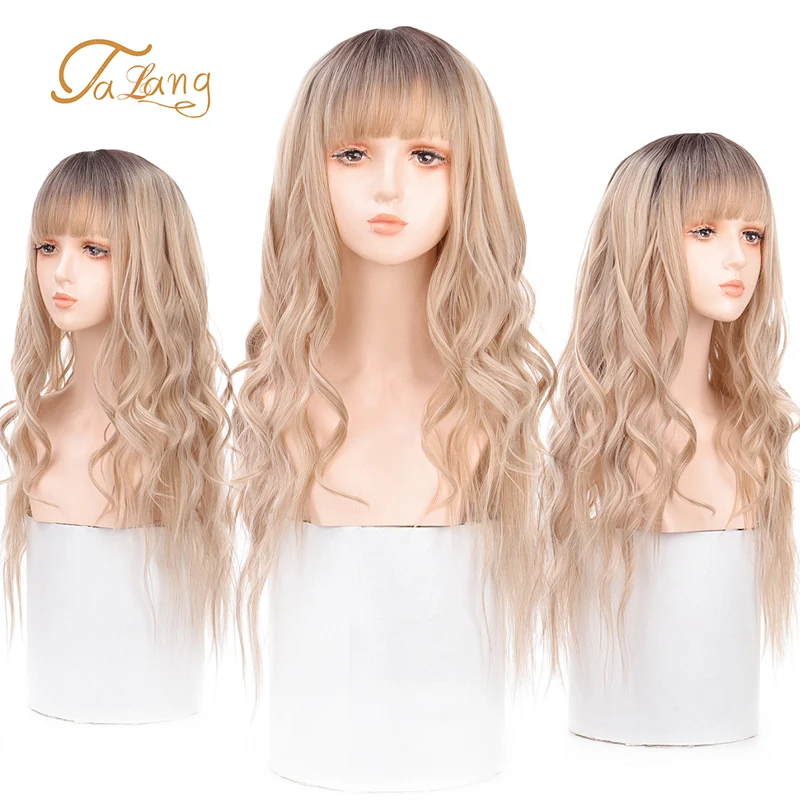 

TALANG Synthetic Long Wavy Wig Ombre Blonde Wigs for Women Curly Hair Middle Part Heat Resistant Fiber for Daily Party Wear