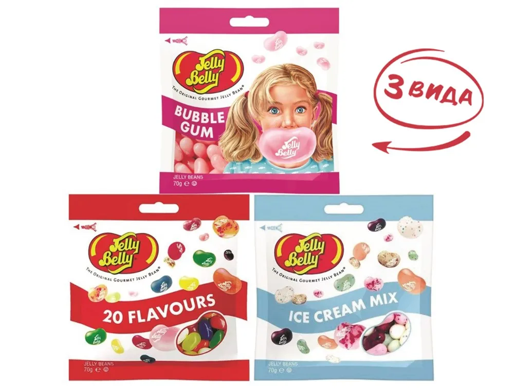 Конфеты Jelly Belly Bubble Gum 70 гр. + 20 вкусов Ice Cream Mix (3 шт.) | Продукты