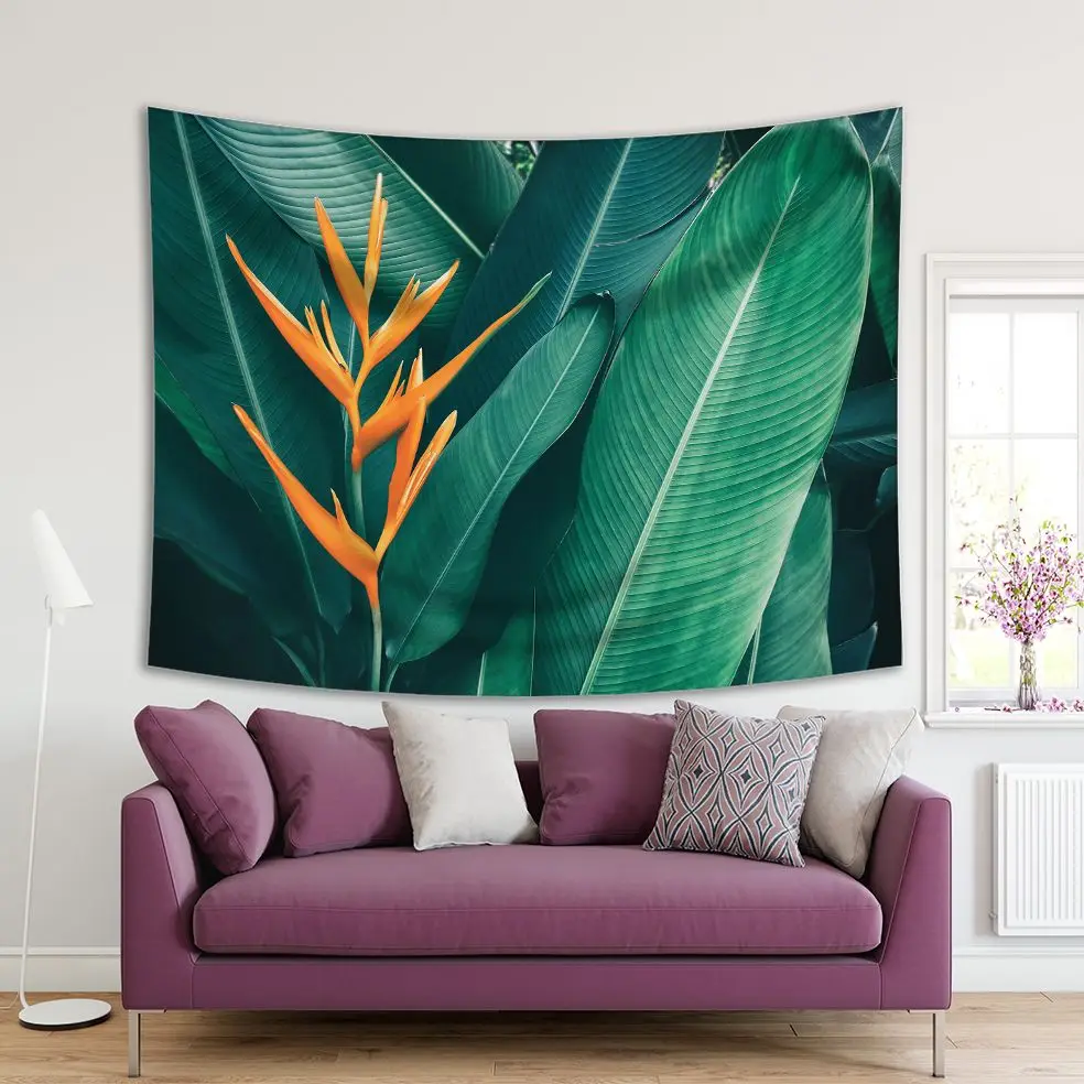 

Tapestry Exotic Flower Blooms Tropical Foliage Forest Big Leaf Plants Summer Nature Photo Printed Orange Green