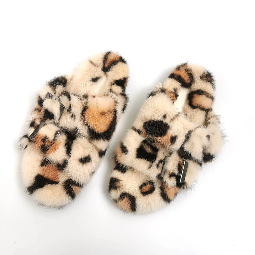 

2021 New Slippers Custom Fashion Leopard Print Buckle Mink Fur Sandals Luxury Two Strap Real Fur Slides Mink Slippers Women