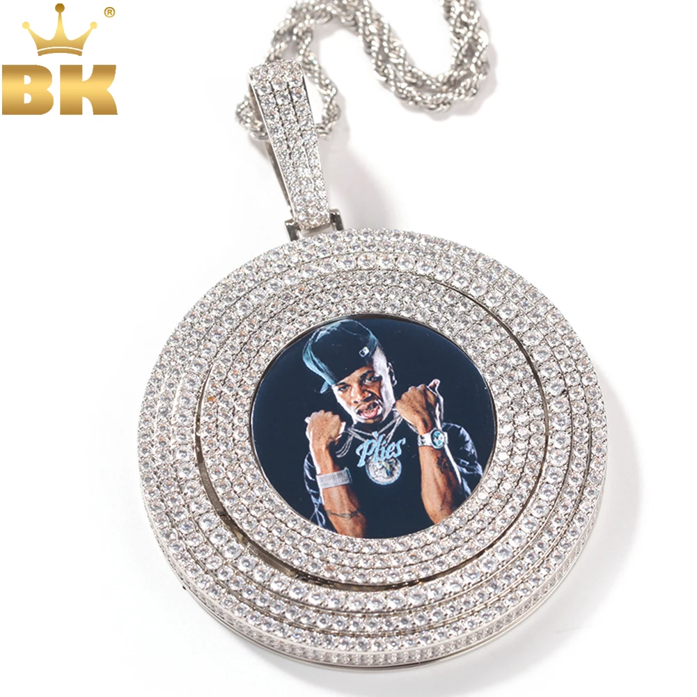 

THE BLIKG KING Spinning Photo Pendant Necklace Full Iced Out Cubic Zirconia Custom Memory Chain Engraved Name Hiphop Jewelry