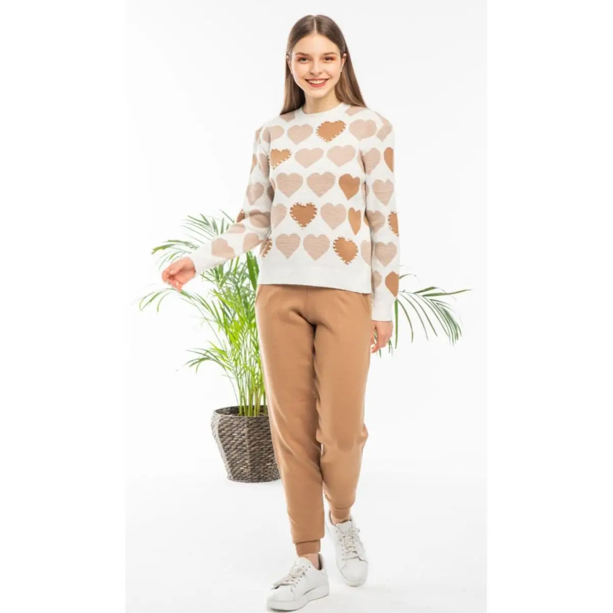 

2 Piece Pant and Heart Patterned Sweater Womens Set Comfortable Cotton Turkish Set For 4 Seasons Pullover Shirt Sweater Pant