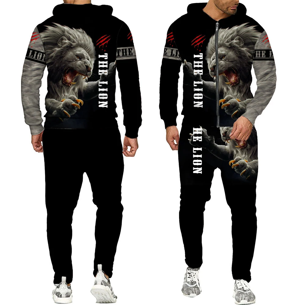 Personality Animal Cool Lion 3D All Over Print Tracksuits Men Fashion Zipper Hoodie Pants 2 Pcs Set Sport Suits