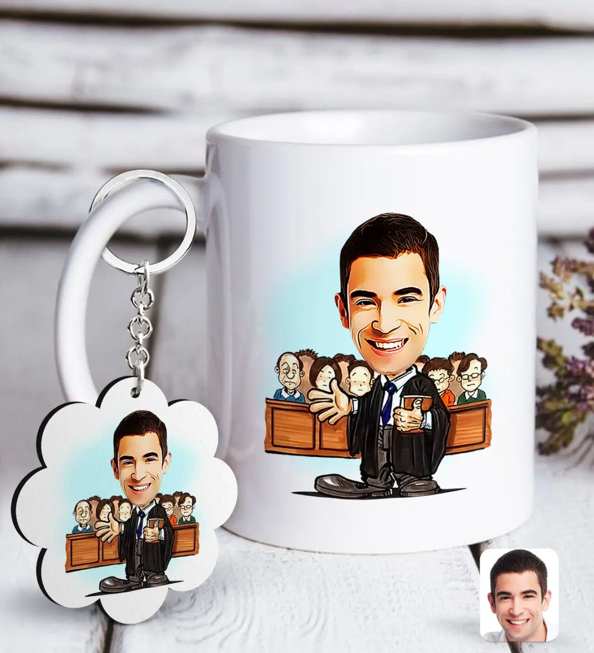 

Personalized Men 'S Attorney Caricature Of White mug And Keychain Gift Seti-2