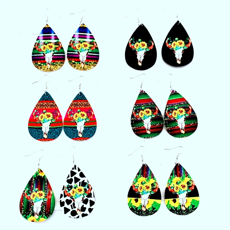 

2020 Ins New Charming Painting Colorful Flower Peacock Ox Bull Skull Earrings Bohemia Trendy Tribal Geometric Party Jewelry