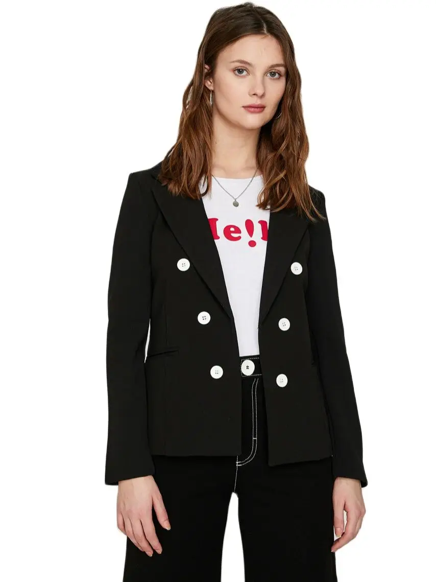

2021 Women Black Blazer White Buttons Design Jacket Pocket Coat Summer Cardigan Suit Classic Formal Elegant Office Business