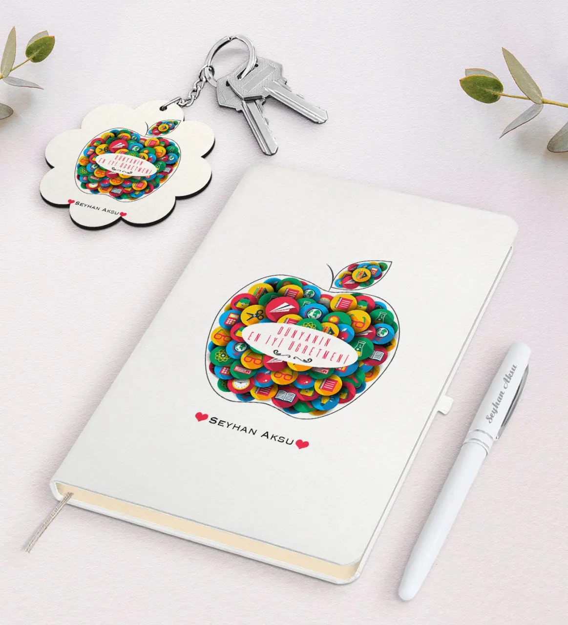 

Personalized World Best Teacher White Notebook Pen And Keychain Gift Seti-12