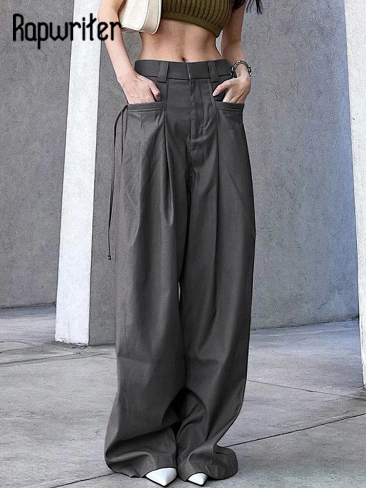 

Rapwriter Casual Streetwear Drawstring Patched Women Pants Retro Gray Baggy Pants 90s Mid Waist Loose Sweatpants Korean Clothes