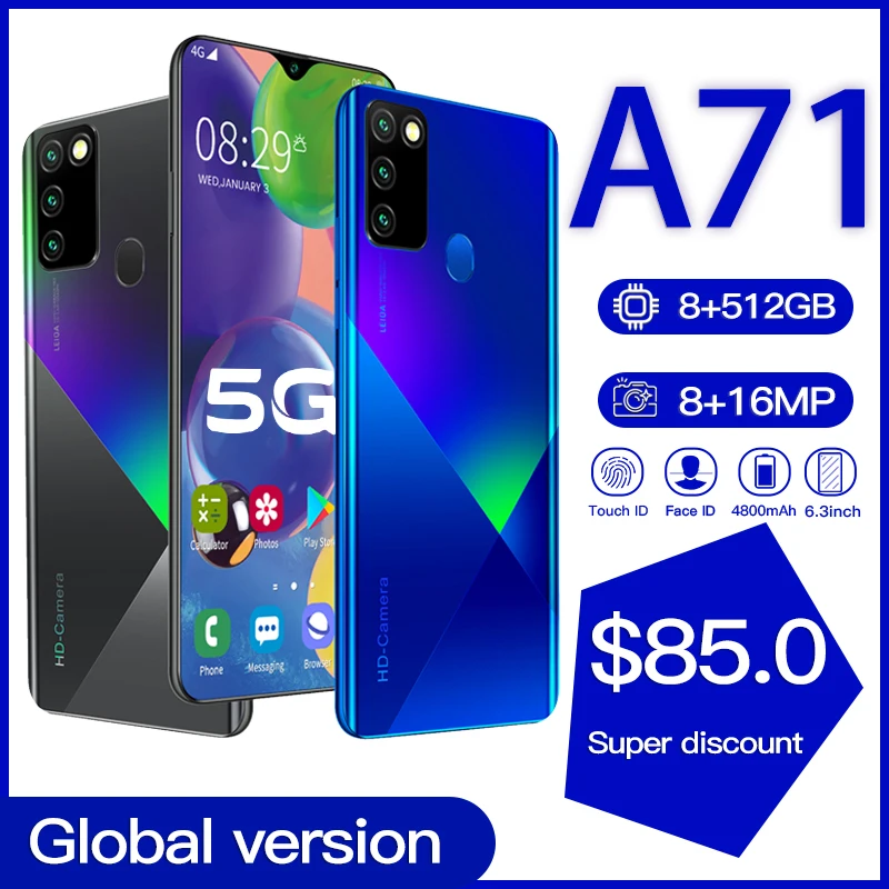 Versão Global Galay 512gb 5g Smartphone 6.8 Mtmtk6598 10 Núcleo 4g Rede Telefones Celulares Android Celular Telefone Inteligente A71 8gb