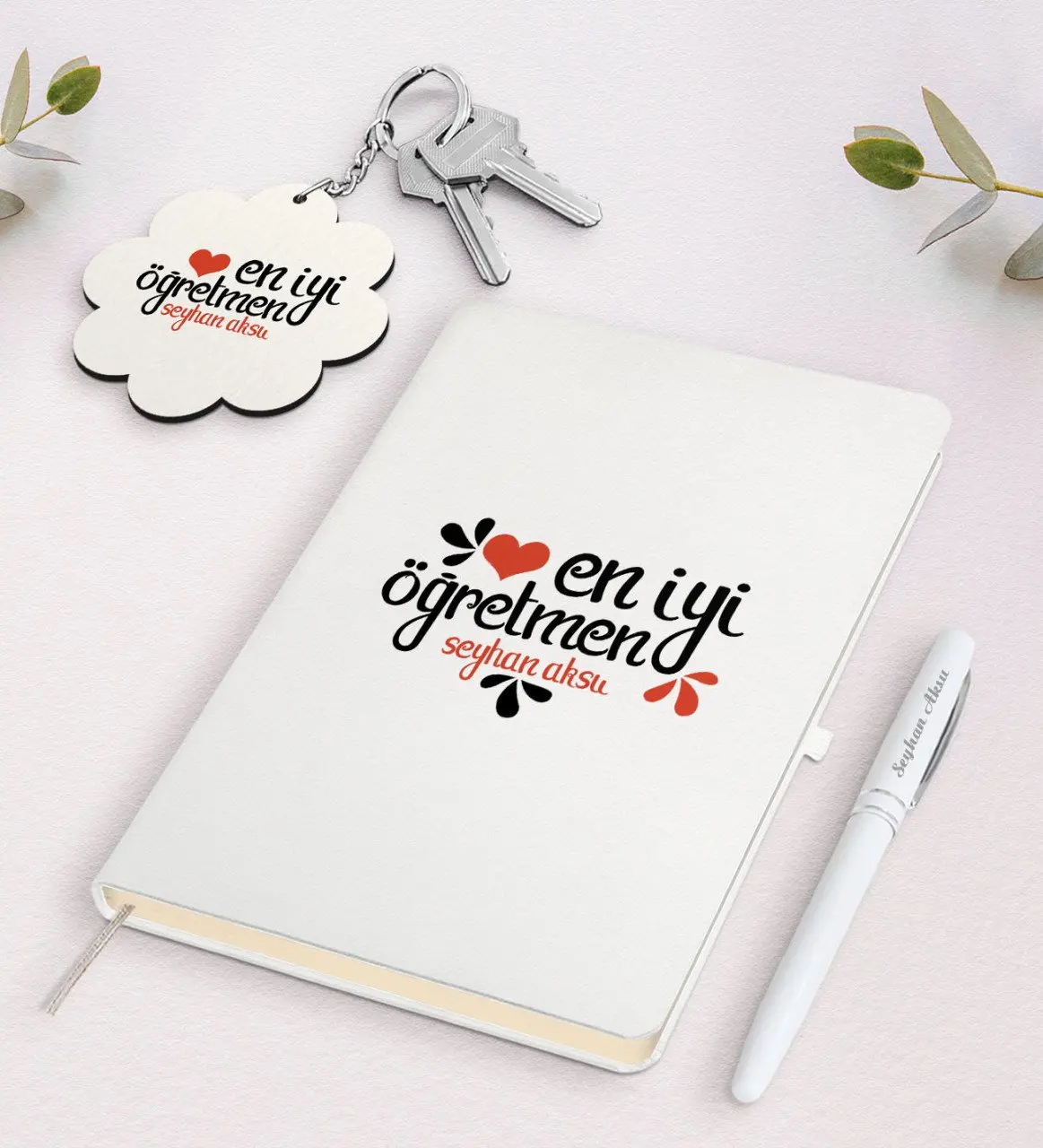 

Personalized Best Teacher White Notebook Pen And Keychain Gift Seti-6