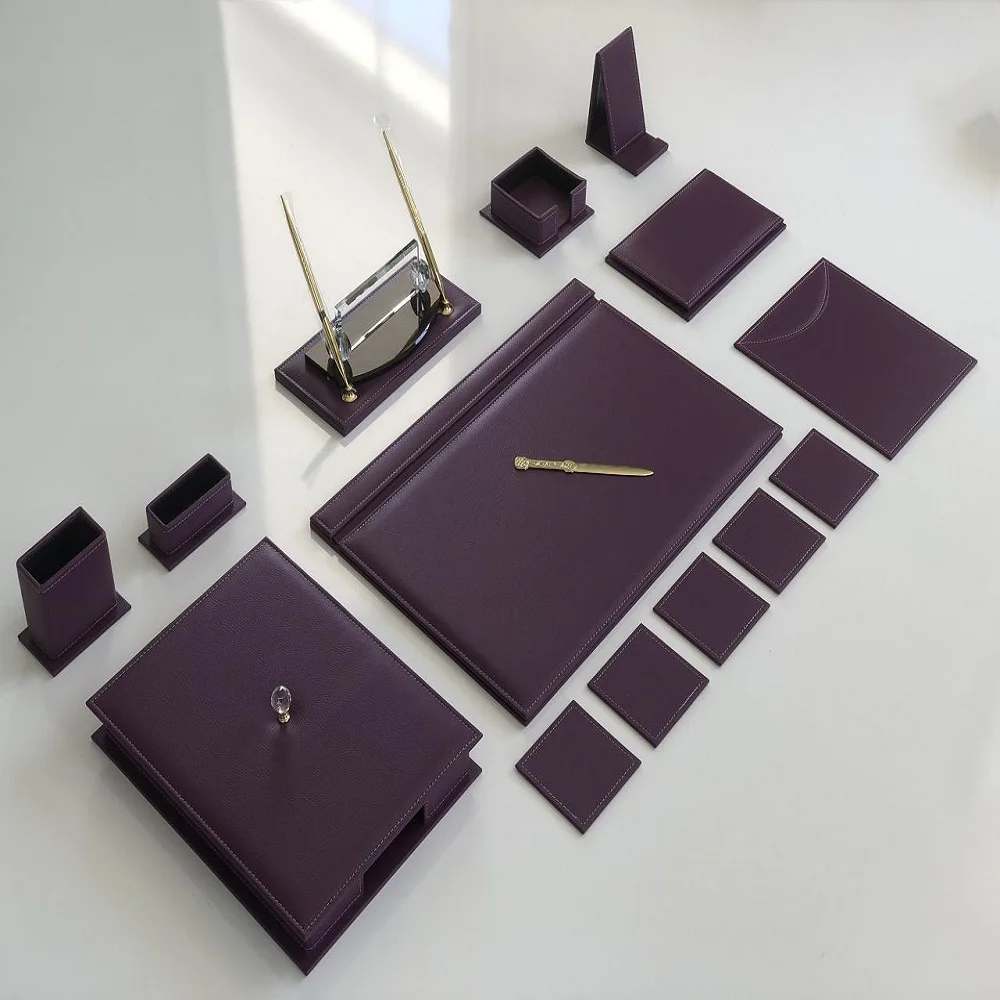 PURPLE Color Business Office Desk Leather Mat Set Organizer Accessories (Office Supplies, Office Desktop Set,)