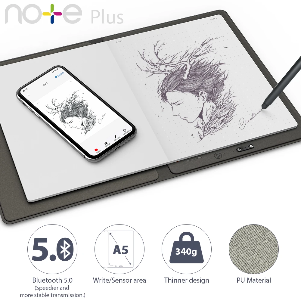 

Цифровой планшет XPPen Note Plus, совместимый с Bluetooth 5,0, ручка без аккумулятора, Размер A5, работает с устройствами ios и Android