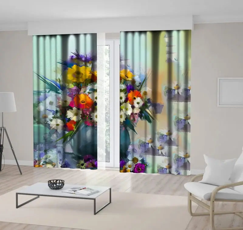 

Curtain Flowers Bouquet in Vase Still Life Oil Painting Soft 6colors Vintage Style Artwork Printed Blue Yellow White