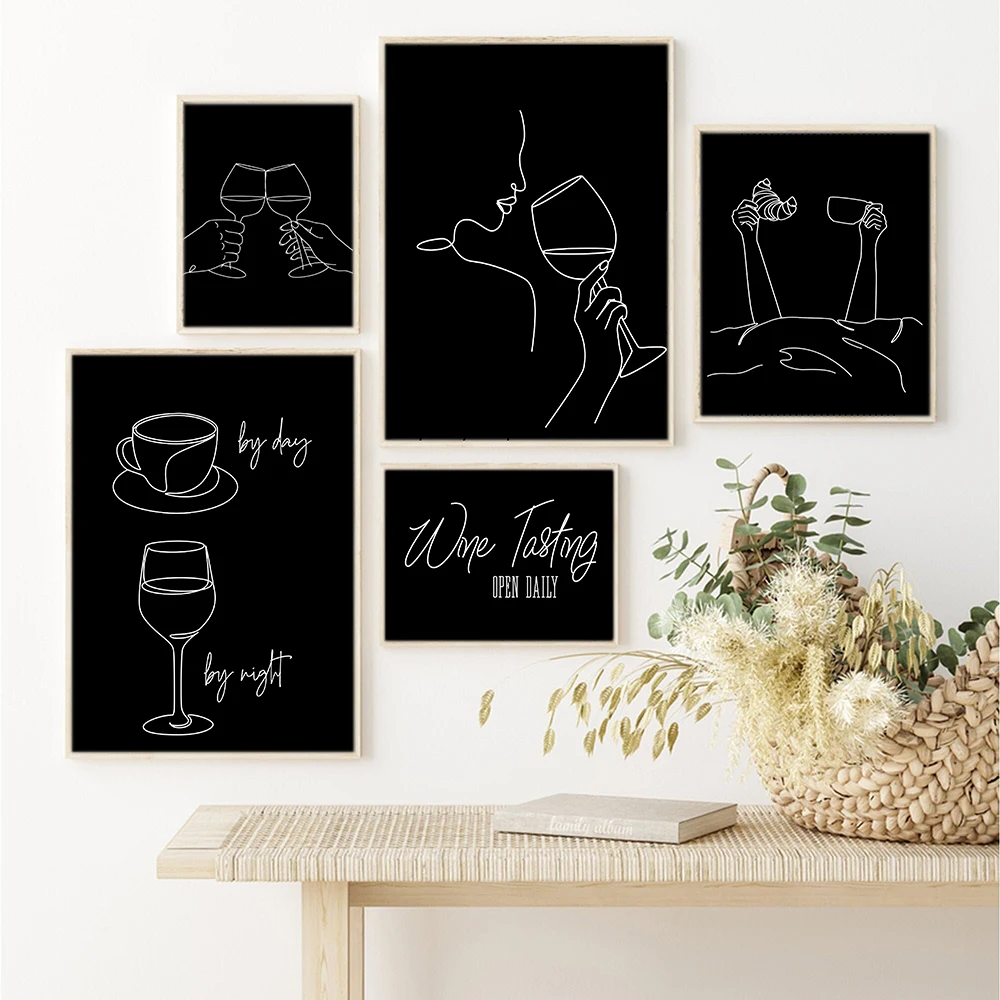 

Line Drawing Poster Wine Tasting Abstract Art Print Minimalist Canvas Painting Modern Black Wall Picture Living Room Cafe Decor