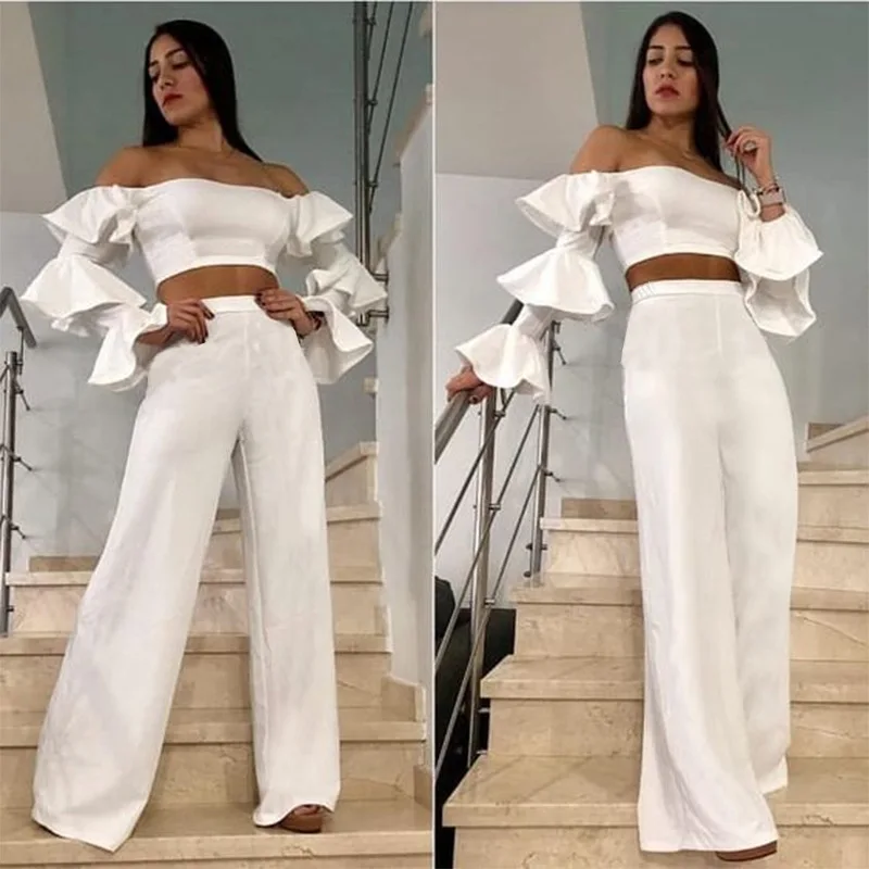 

Lady White Slash Neck Strapless Tops and Straight Pants Suit Two-Piece Set Women Off The Shoulder Tank Tops +Long Trousers Sets