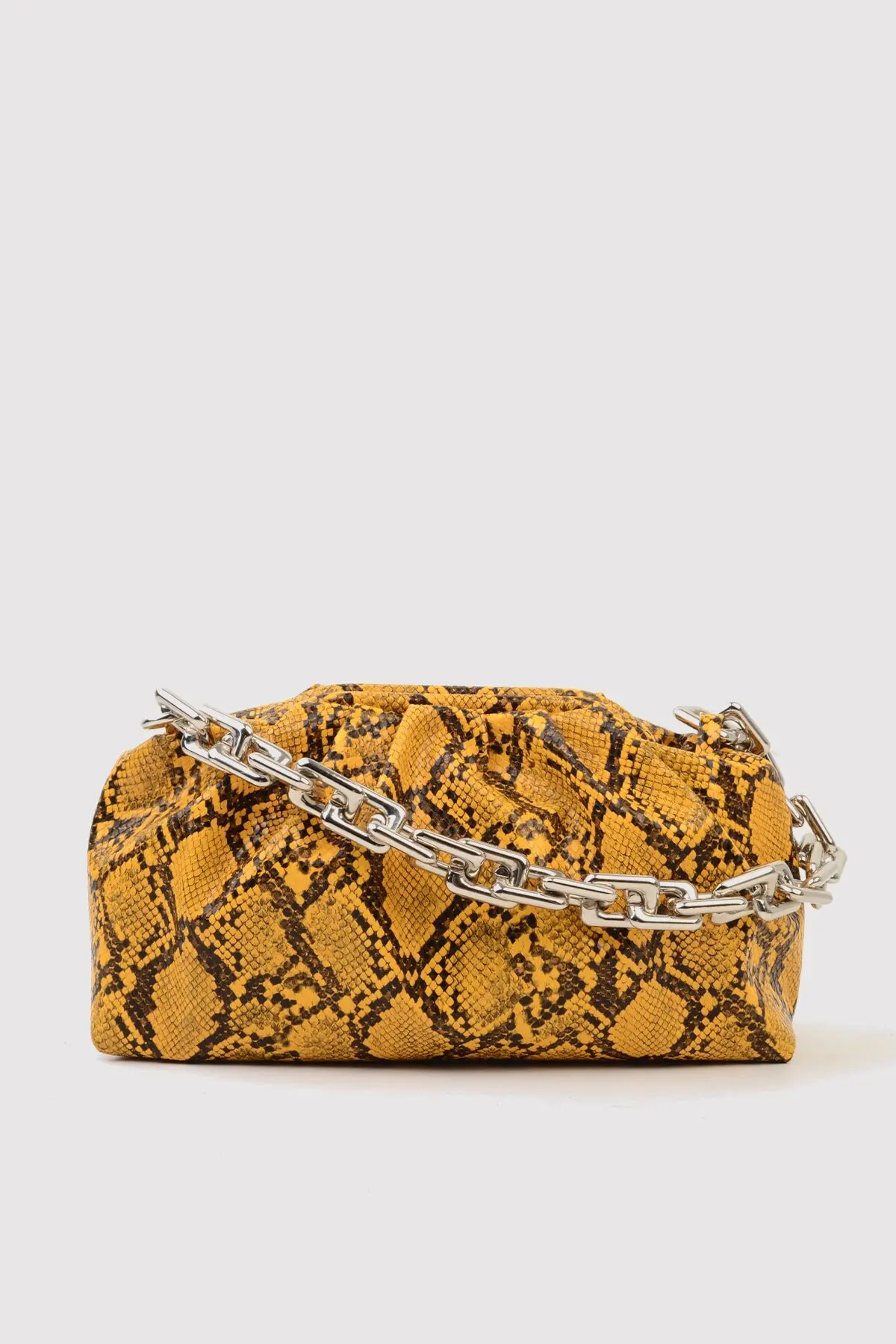 Women's Yellow Pouche With Snake Pattern Silver Chain Hand and Shoulder Bag Synthetic Leather Modern Stylish Design Handy