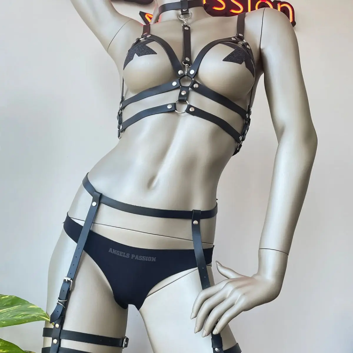 

Sexy Black Leather Style Women Garter and Bustier Set, Slim Slim Cupless Bralette Waist Leg Band Suit - PNT488