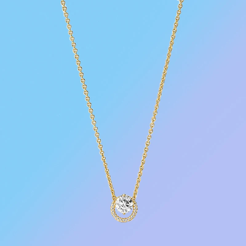 

2022 High Quality New S925 Silver Timeless Collection Necklace 1:1 Sparkling Gold Round Halo Pendant Collier Women's Necklace