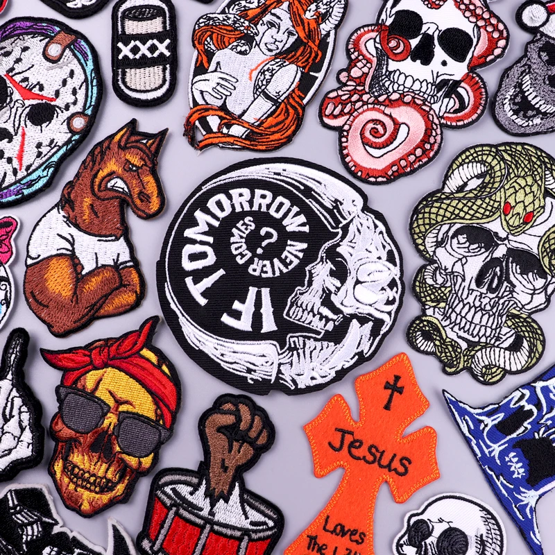

Punk Skull Patch Iron On Patches On Clothes Hippie Embroidered Patches For Clothing Stripe Badges Patch For Clothes DIY Stickers
