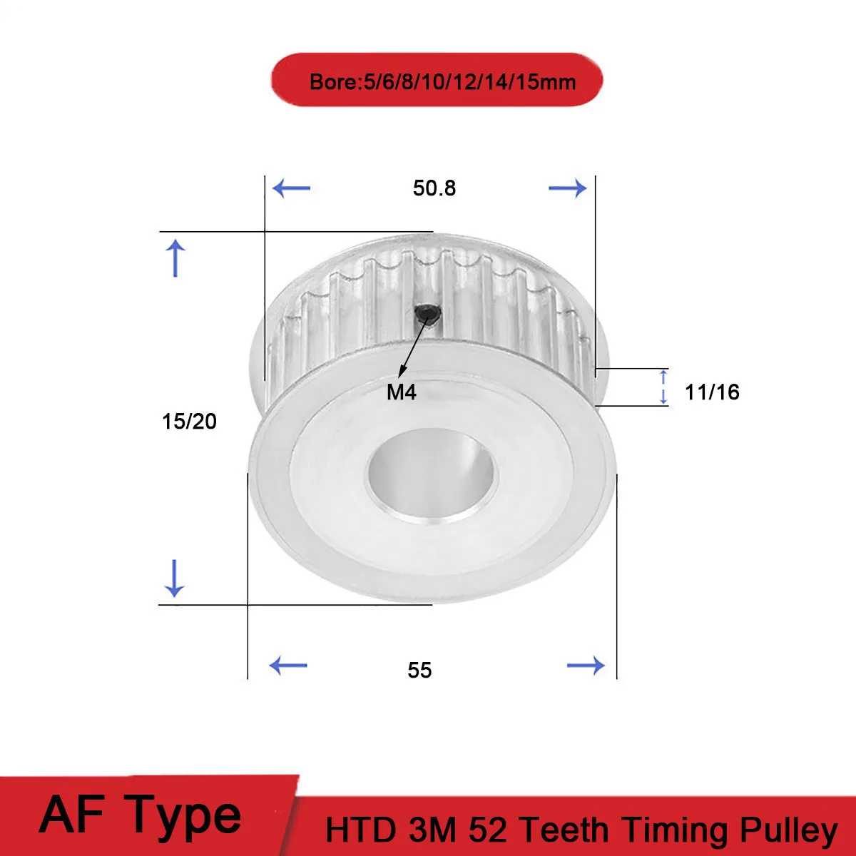 

HTD 3M 52 Teeth Timing Pulley Bore 5~15mm Gear Pulley 3mm Pitch Teeth Width 11mm 16mm Aluminum Synchronous Timing Belt Pulley