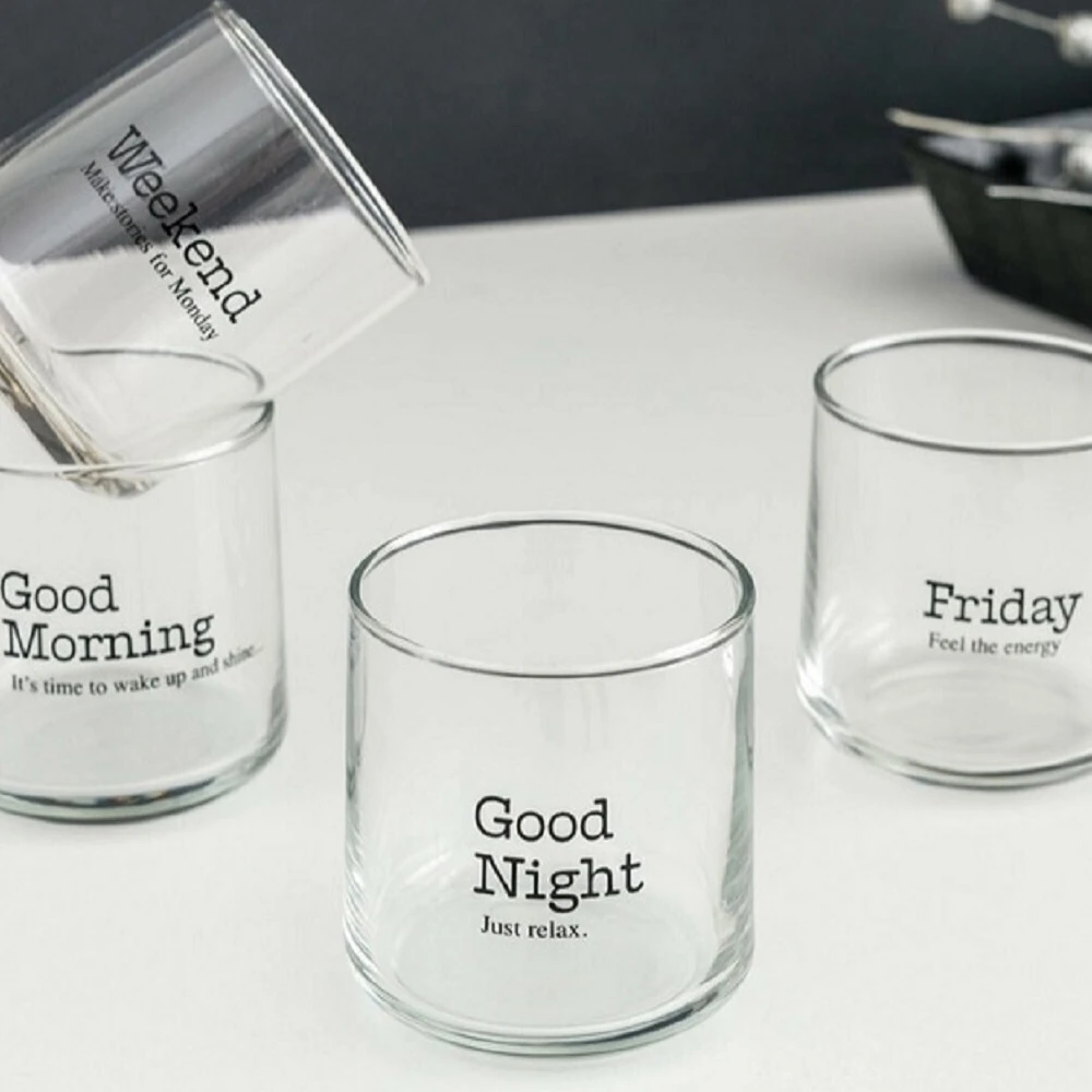 

4 Pcs Creative Glass Cup Juice Glass Nordic Stylish Daily Quotes Glass Set of 4 Home Cafe Drinkware Gift Kitchen Accessories