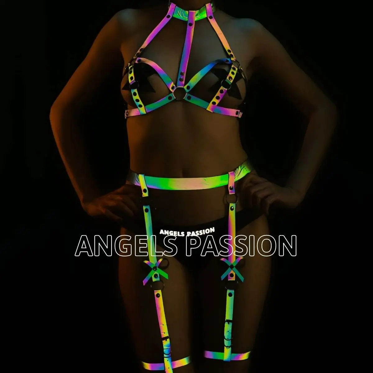 

Reflective Sexy Harness Garter Set, Bustier and Leg Waist Band, Rainbow Reflector Clube Wear - PNT310