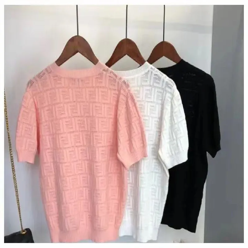 

2021 Summer New Ladies Short-Sleeved Hollow Knit Sweater Pullover Casual Fashion T-Shirt Women's Top Ice Silk Round Neck Short
