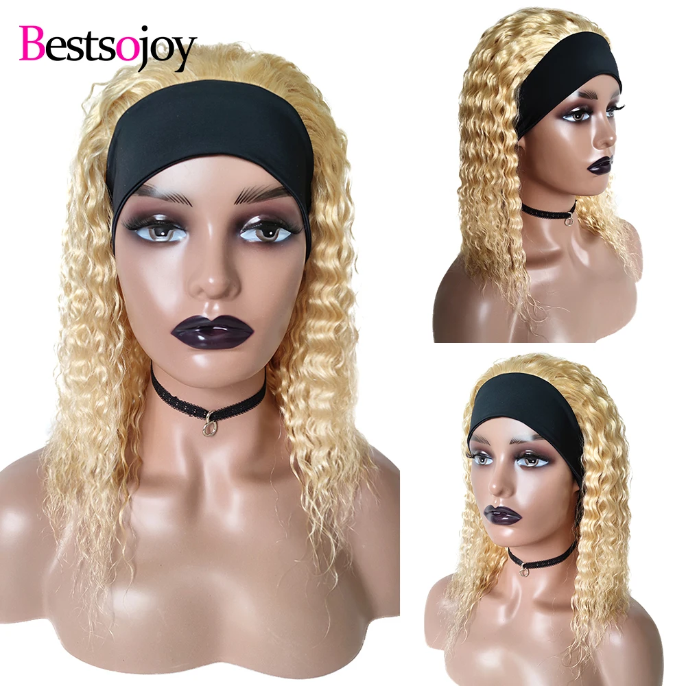 Bestsojoy blonde curly headband wig Long BrighBlonde Jerry Curl HEADBAND Wig For Black Women Glueless Full Machine Made Remy wig