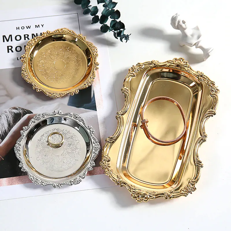

Gold StorageTea Tray Stainless Steel Silver Cake Plate For Parties Jewelry Display Tray Wedding Dessert Plate For Home Decor