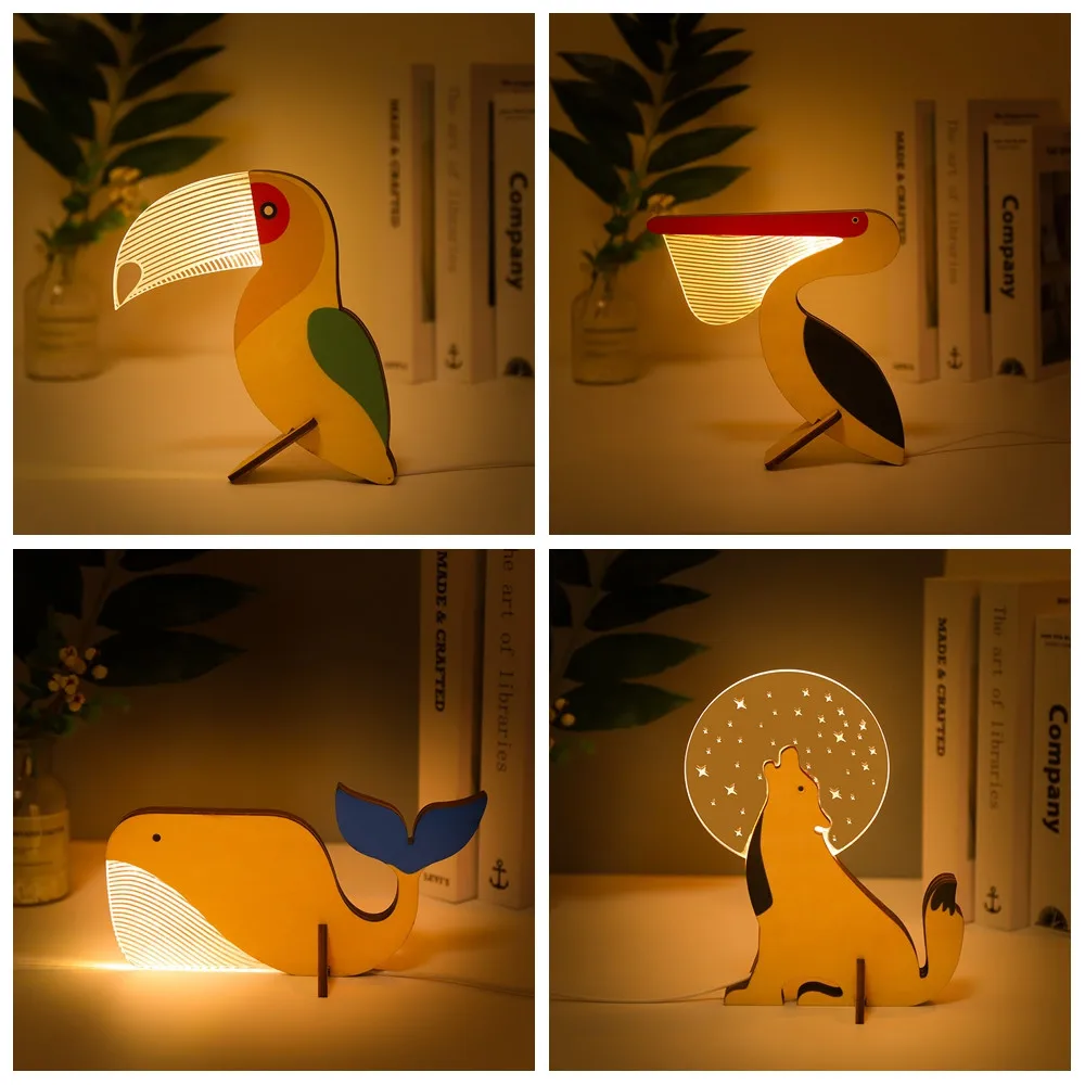 

New Design Wood Acrylic LED Night Light Animals Pelican Sirius Whale Toucan Table Lamp Room Decorate For Children Baby Kids