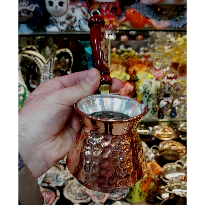 

Turkish Traditional Design Copper Handmade Engraved With Handle Inlays Coffee Pot Ottoman Arabic Espresso Brown Color