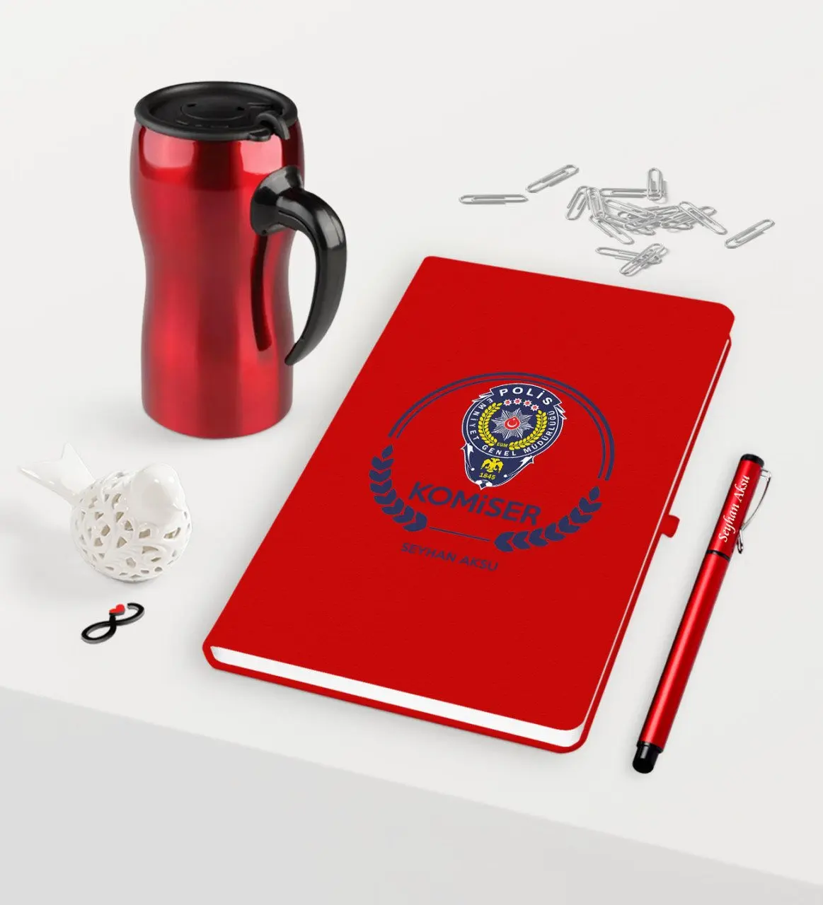 

Personalized Commissioner Themed Red Notebook Pen Thermos Mug Set-2 Reliable Modern Simple Gift Special Design Good Quality Moment