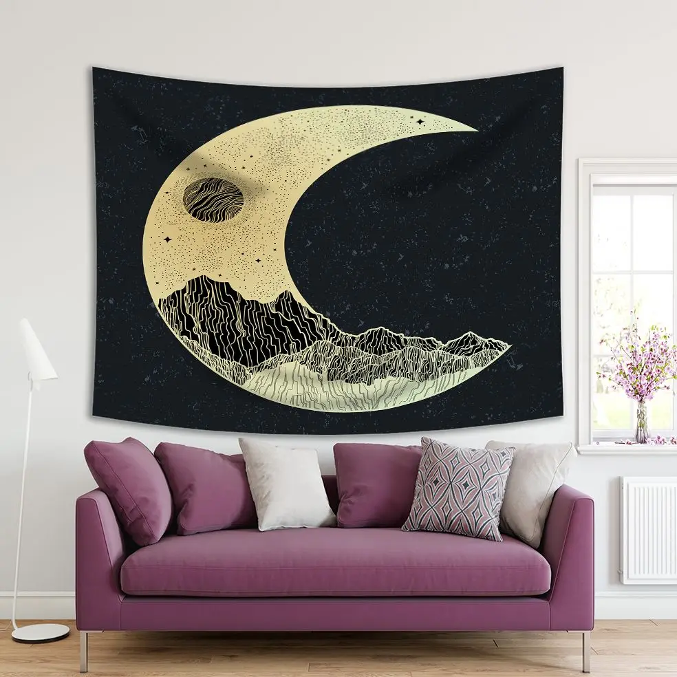 

Tapestry Mountains Full Moon and Stars Night Sky in Crescent Shape Nature Theme Decorative Artwork Gray Yellow