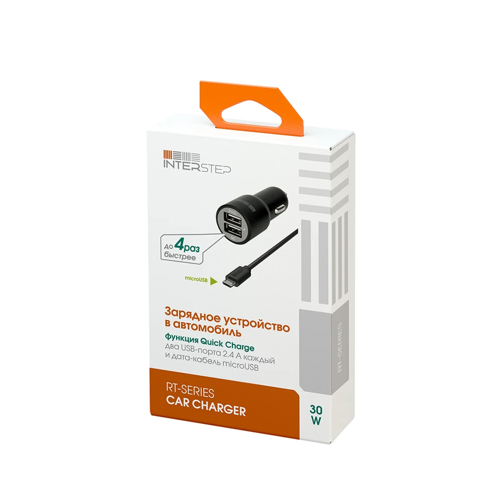 Автомобильное зарядное устройство INTERSTEP 2 порта USB 2.4А+2.4А быстрая зарядка витой