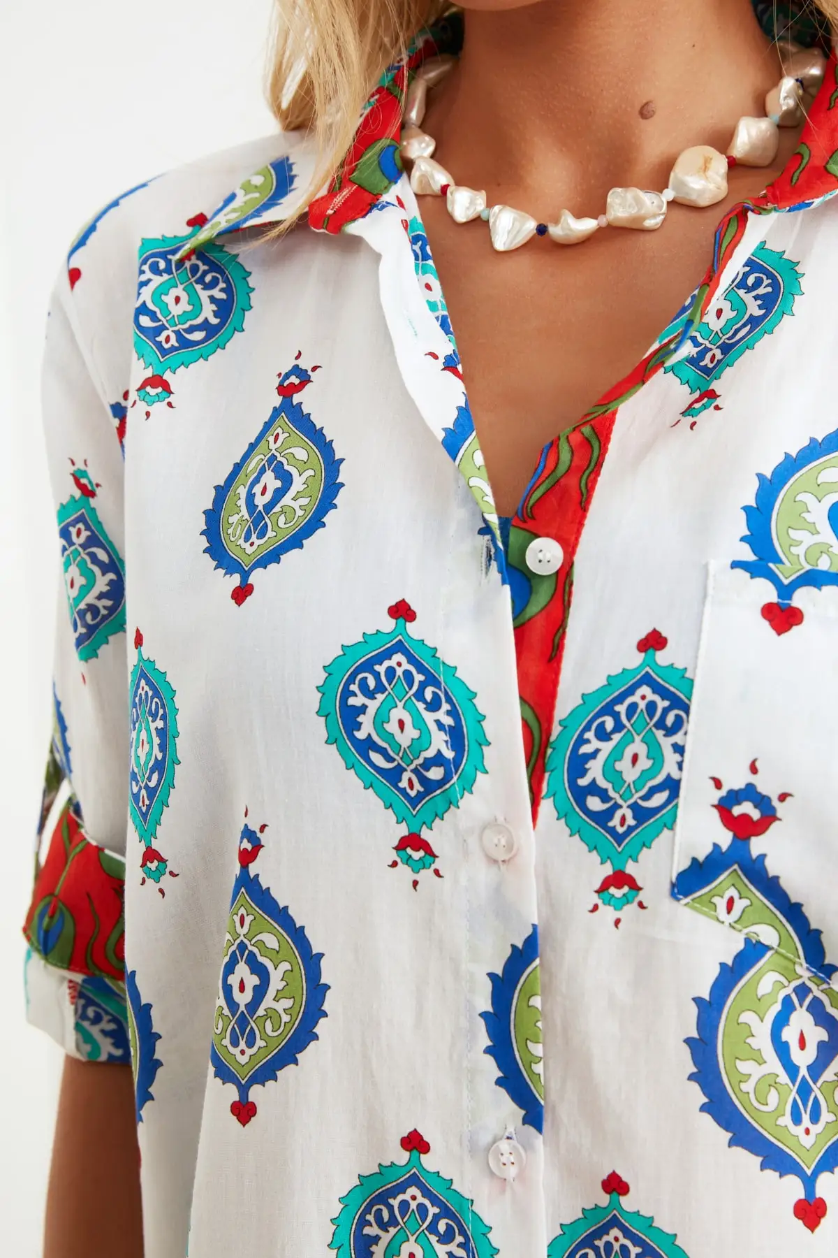 

Ethnic Patterned Voile Kimono Beach Shirt White Dress Pareo Summer Dress
