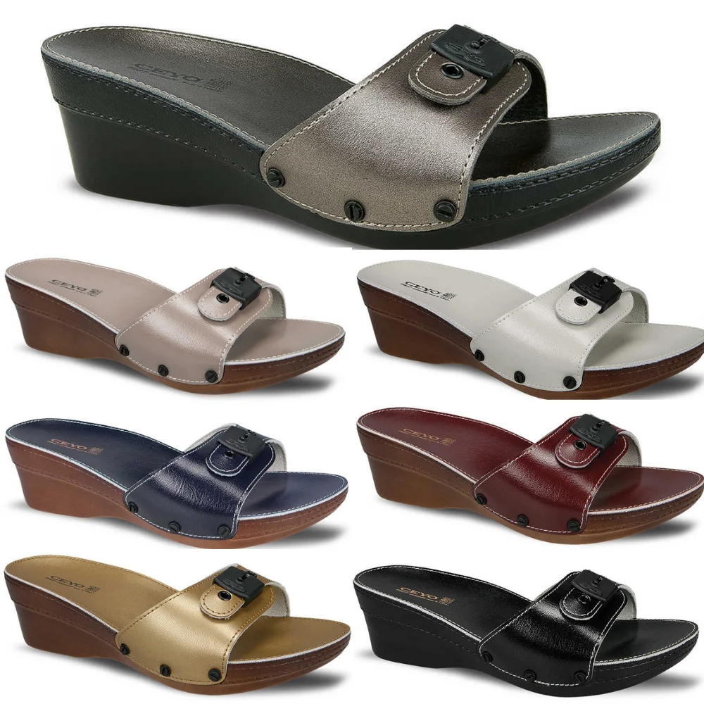 

Ceyo 2022 Women Slippers Single Buckle High Heel Flat Sandals Street Adult Colors Faux Leather Summer Winter Solid Flat women s