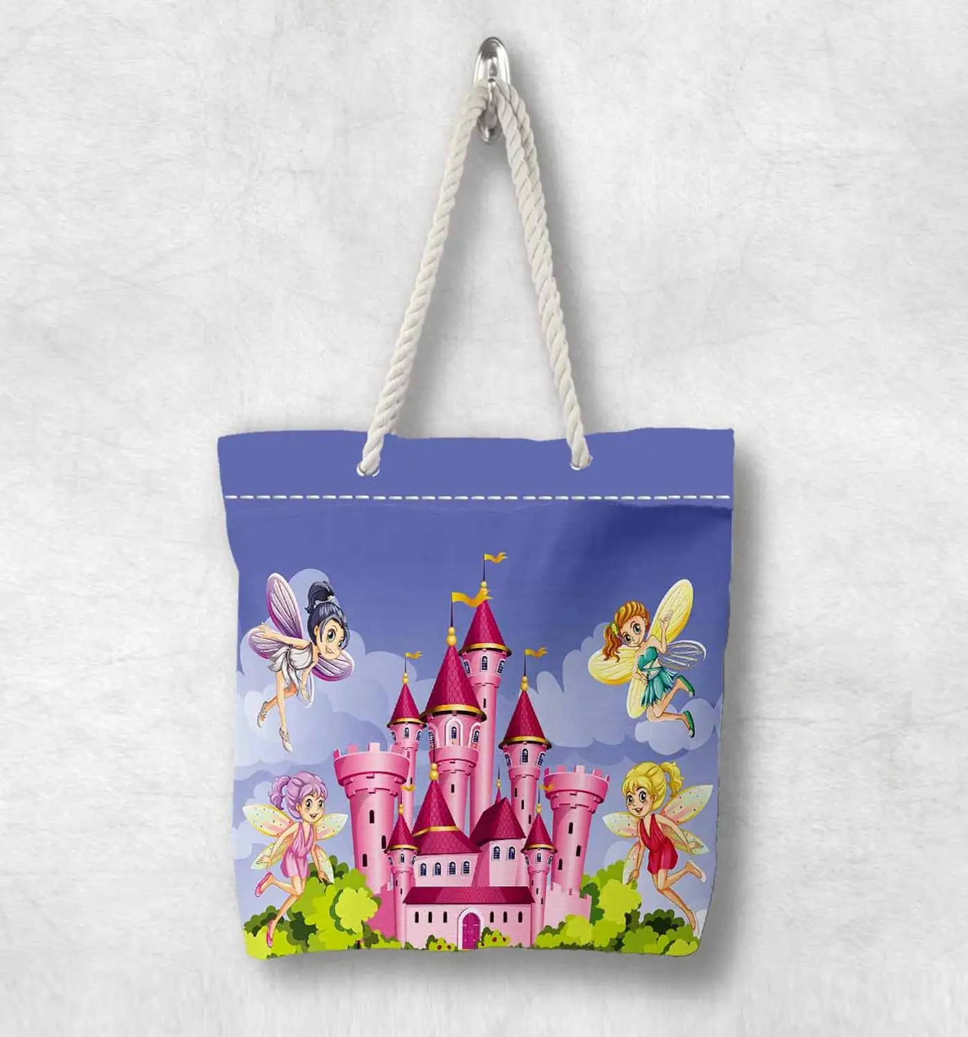 

Else Pink Castle Fairy Girls Blue Sky Green Trees White Rope Handle Canvas Bag Cartoon Print Zippered Tote Bag Shoulder Bag