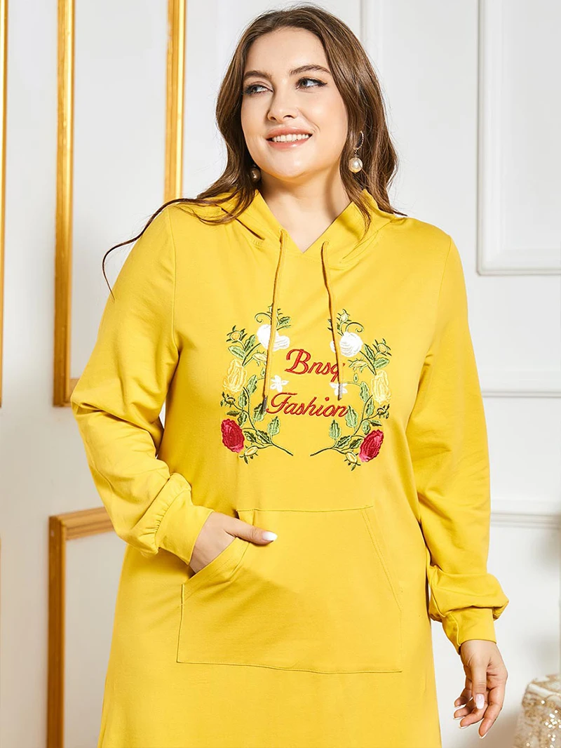 

Plus Size Clothing Fashion Sweater Hooded Pocket Long Sleeve Embroidered Long Arabian One Piece Dress