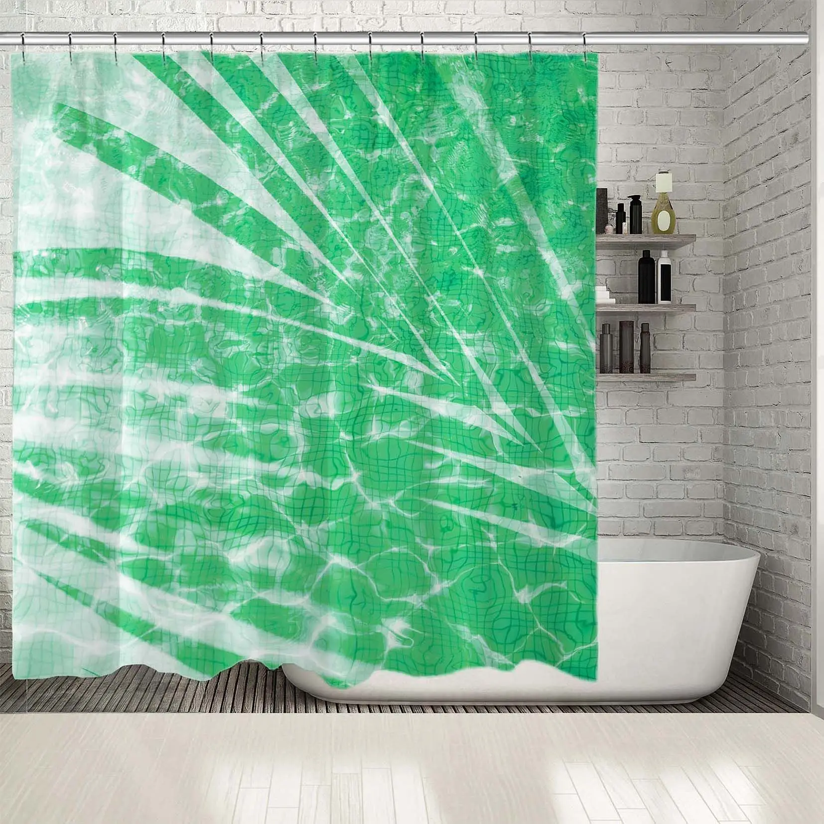 

Shower Curtain Reflection of A Palm Tree on Swimming Pool Summer Tropical Nature Life Photo Printed Green