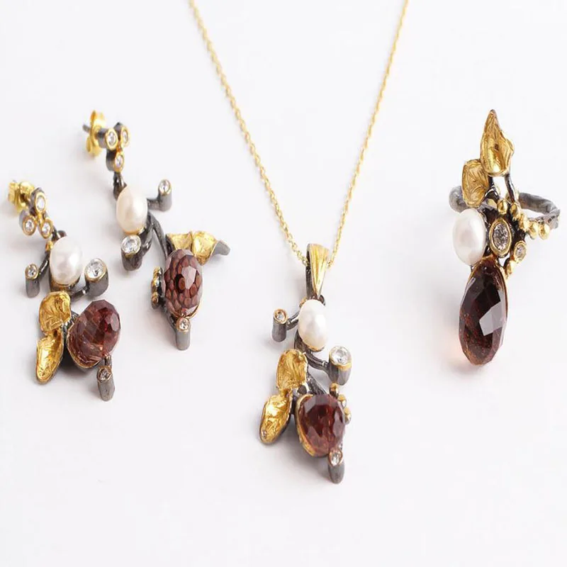 

Drop Pearl Leaf Zultanite Jewelry Set Gold Plated,Woman Silver Zultanite Ring+Necklace+Earrings,Handmade Woman Silver