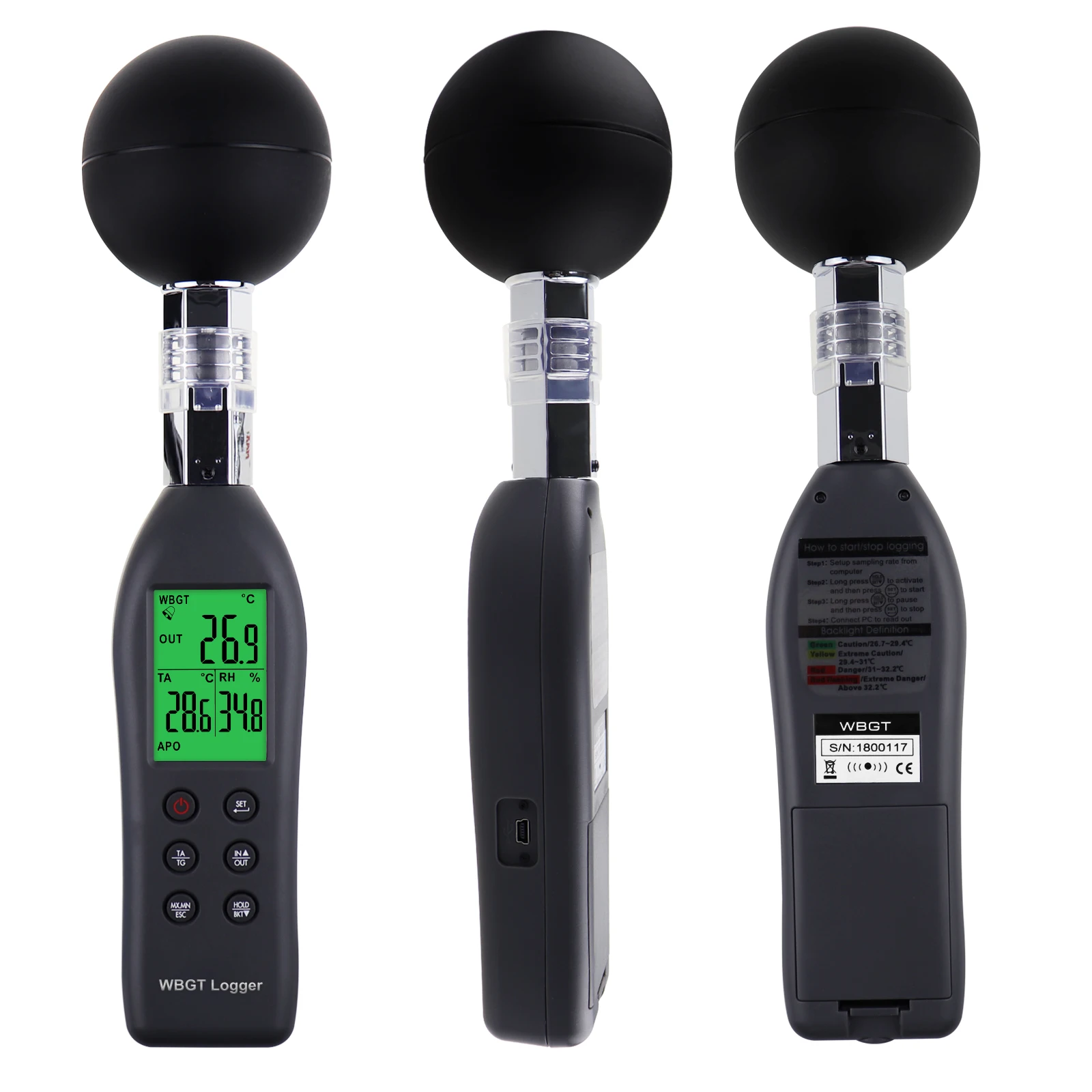 

WBGT (Wet Bulb Globe Temperature) Heat Stress Meter Datalogger Air Globe Temperature Humidity Tester with Backlight Indicator