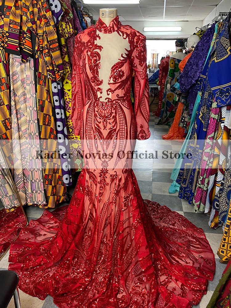 

KADIER NOVIAS Long Sleeves Backless Red Mermaid Prom Dresses 2022 High Neck Sequin Lace Evening Gown Vestidos De Fiesta