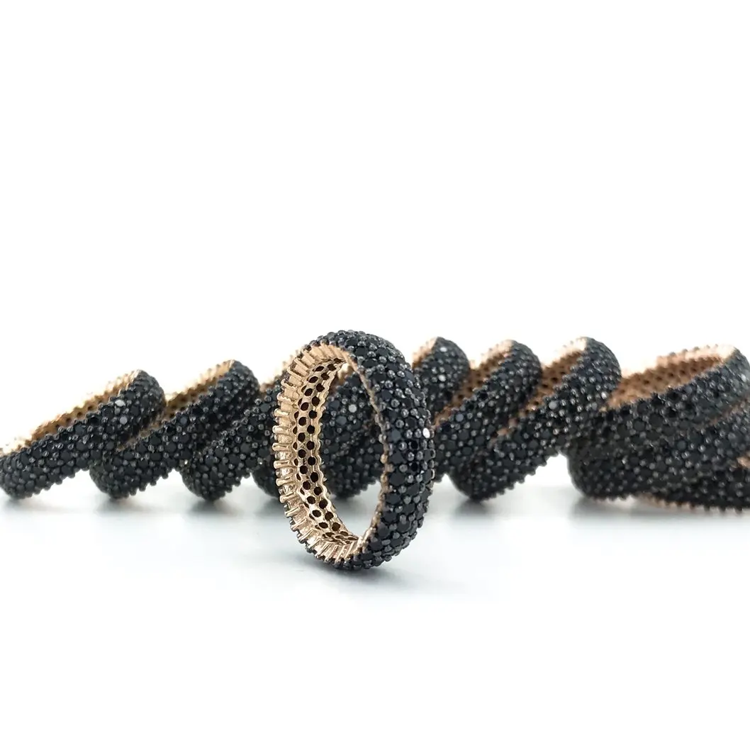 Три ряда Tamtur полный черный камень оникс 925 Настоящее серебряное кольцо |