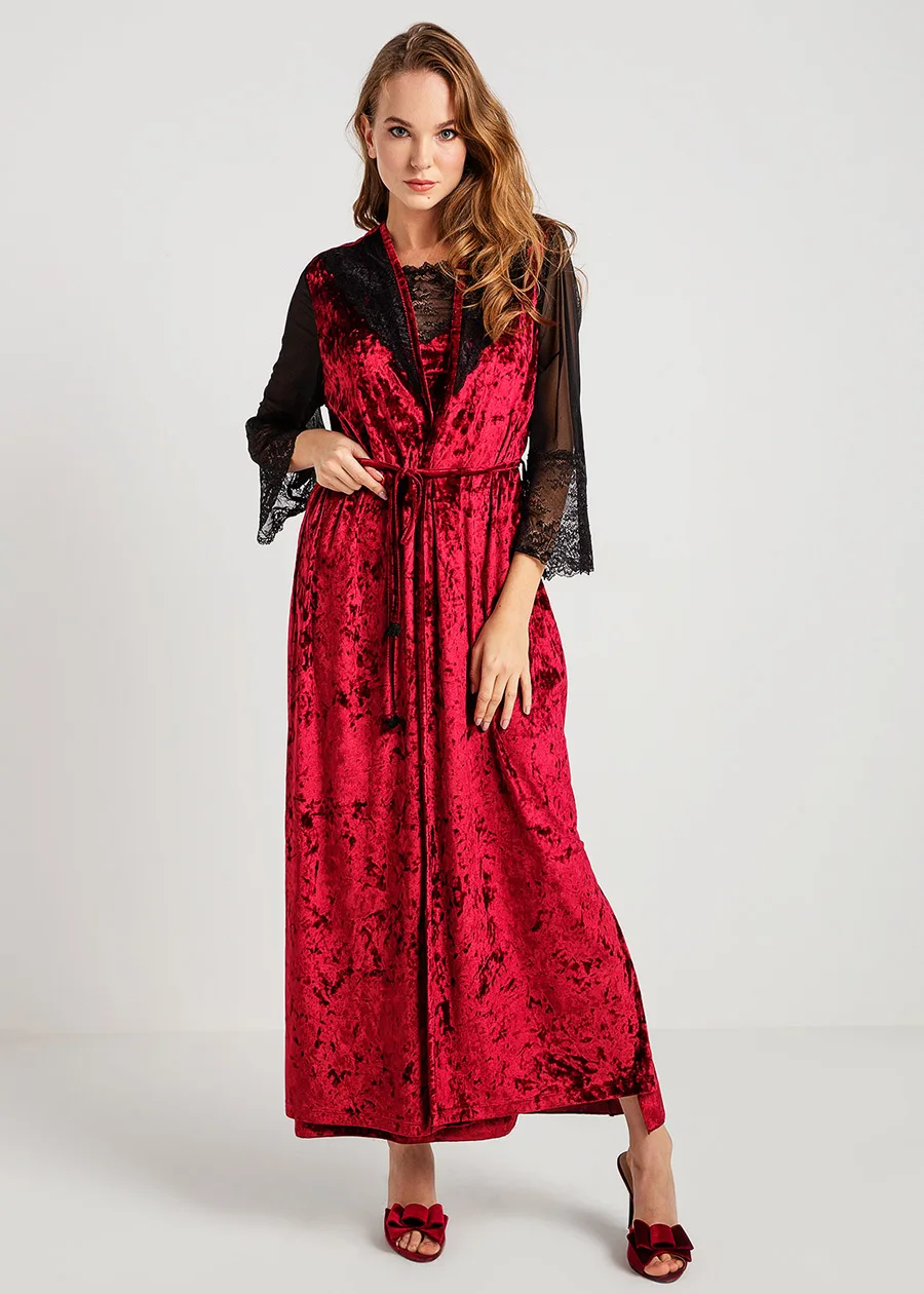 Magic Form Very Attractive Lace Detailed Robe High Quality Velvet Fabric Slit Long Dressing Gown Lounge Wear For Women