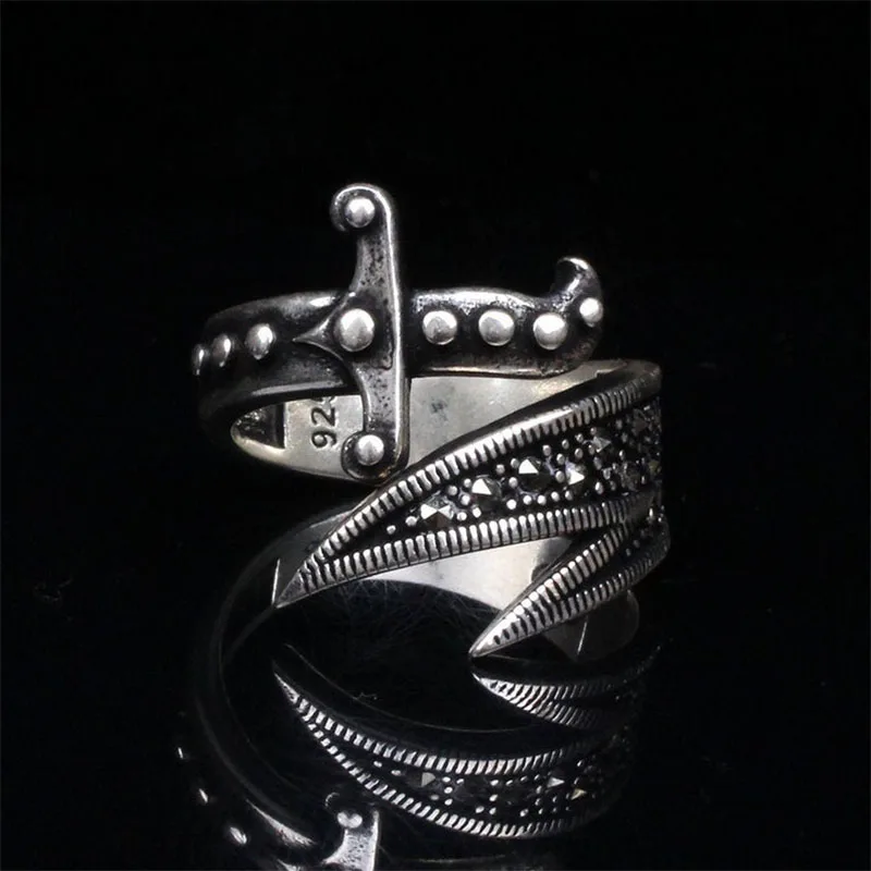 

Handmade Mans Sword Black Zircon Gemstone Ring, Mans 925 Silver Ring